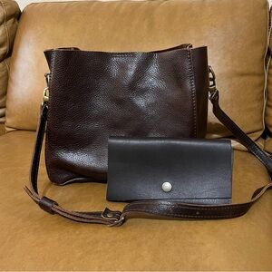 Brand New Brown Leather Bucket Purse w/Leather Fold Wallet